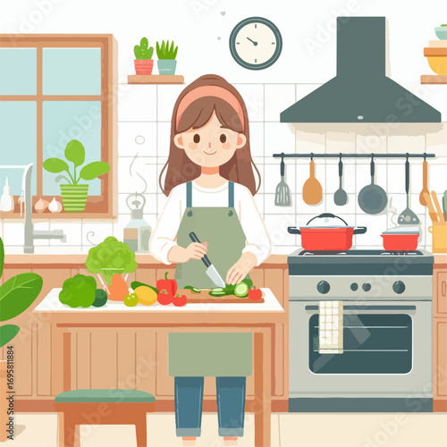 illustration of a woman cooking in the kitchen 