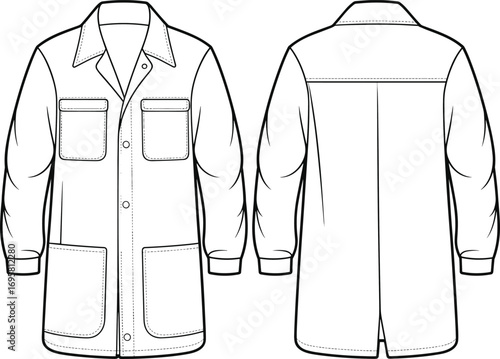 Front and back view of a white long-sleeved lab coat with two chest pockets and two hip pockets Keywords: lab coat, medical coat