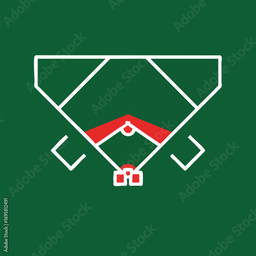Stylized white and red line art icon of a baseball field diamond.