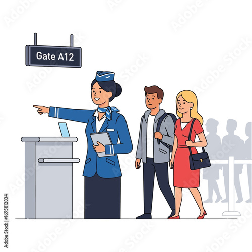 Airport Gate A12: Flight Attendant Directing Couple guiding toward their