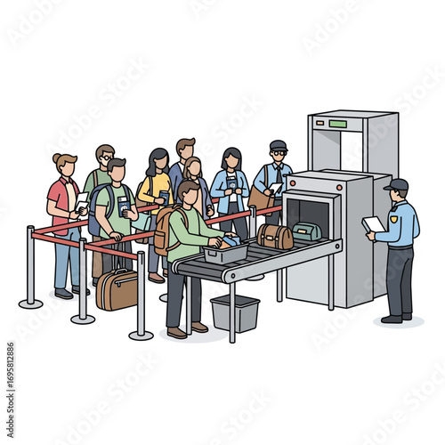 Airport Security Check: Travelers Queuing for Baggage Scan undergoing theme