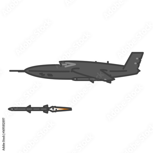 ミサイルを発射する軍用のジェット無人偵察機・無人航空機（UAV・無人機）