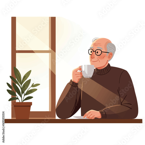 An older man peacefully sips coffee at a sunlit window with a calm expression, depicted in a vibrant, simplified 2D flat vector illustration.