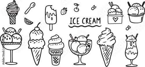 Ice Cream Doodle Set – Hand Drawn Cone, Sundae, Popsicle Sketch, Dessert Vector Icons, Cute Cartoon Style Ice Creams, Sweet Food Doodles, Minimal Summer Treats Illustration, Funny Ice Cream Sketches, 