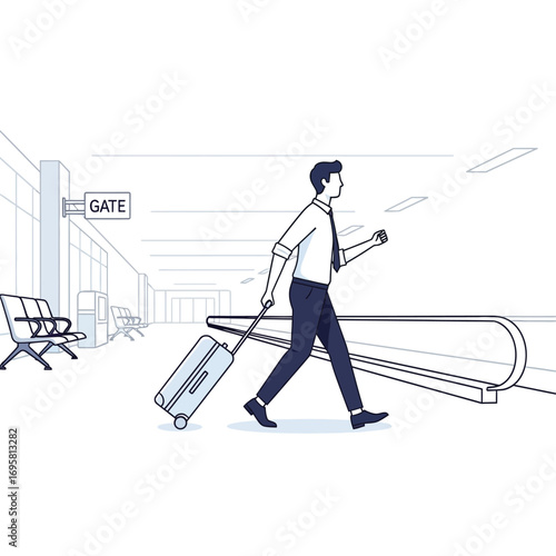 Business Traveler Walking with Luggage at Airport Gate moving walkway line