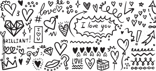 Love and Romance Doodle Set – Hand Drawn Hearts, Cupid Arrows, Romantic Symbols Sketch, Cute Couple Icons, Valentine Doodles Vector, Relationship Illustration, Simple Love Elements, Romantic Line Art,