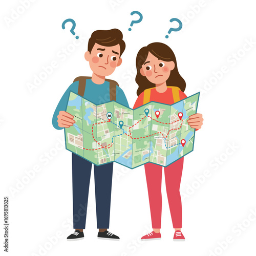 Confused Couple Studying Tourist Map, Travel Planning young looking puzzled