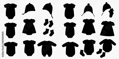 A collection of various black baby clothes silhouettes including bodysuits, dresses, hats, and socks on a checkered background.