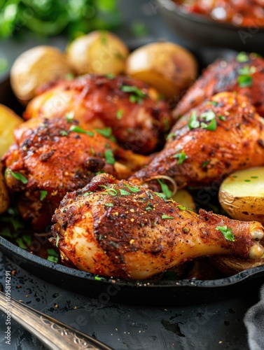 Savory, crisp chicken, roasted with herbs, and plump potatoes, sizzles enticingly on a cast-iron skillet. A sprinkling of fresh herbs adds vibrant color and aromatic zest