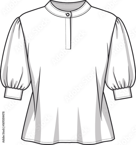 White outline illustration of a blouse with puffed short sleeves and a high neckline shirt clothing