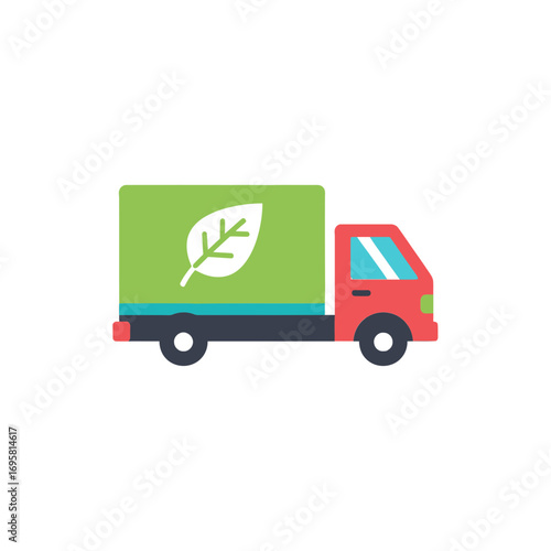 Eco-friendly delivery truck transports goods with green leaf emblem symbolizing sustainability and green logistics