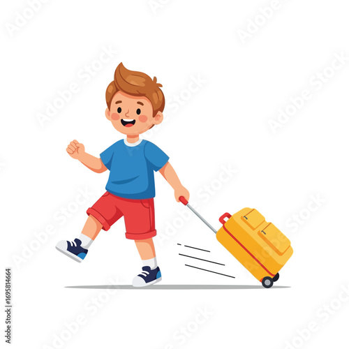Happy Boy Pulling Suitcase, Excited for Travel happily ready theme child