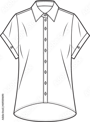 White outline illustration of a short-sleeved collared shirt with a button-down front clothing fashion