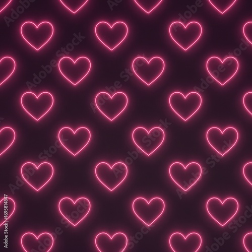 Glowing pink neon heart symbols arranged in a pattern on a dark background