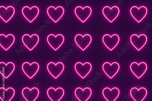 Repetitive glowing pink neon heart pattern forming a vibrant background
