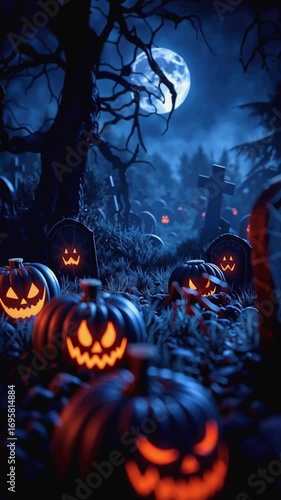 Spooky graveyard scene with glowing pumpkins and spider web