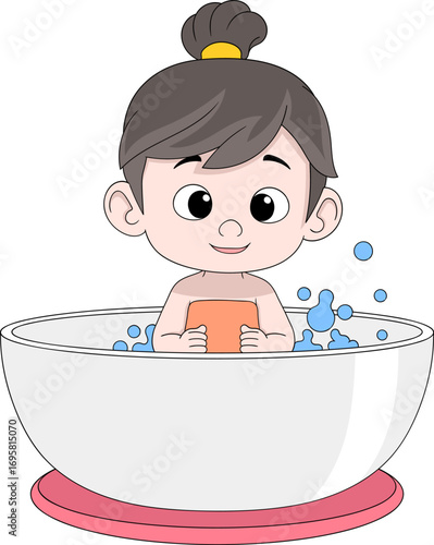 Cartoon Girl Taking Bath with Soap for Kids Hygiene Education