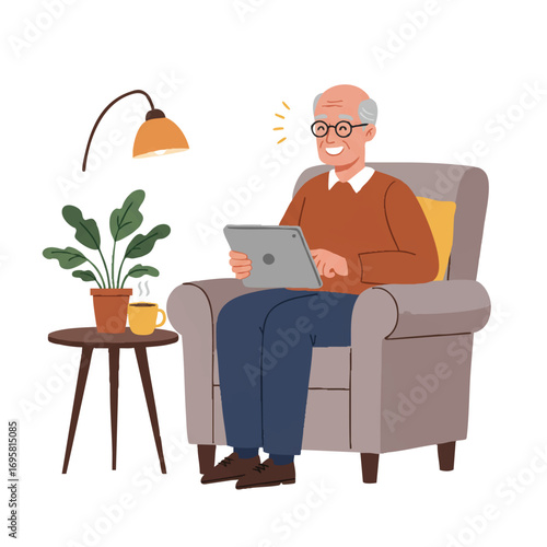 A smiling older man comfortably uses a tablet computer while relaxing in an armchair, with a nearby plant and a cup of coffee, rendered in a vibrant 2D flat vector illustration style.