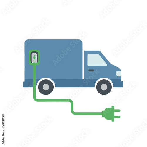 Modern blue electric delivery truck connects to charging station for sustainable transport solutions