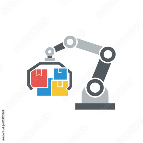 Automated robotic arm efficiently sorts colorful packages in a modern industrial setting.