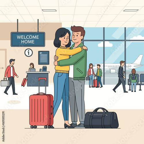 Happy Couple Reunited at Airport: Travel Vector Illustration joyful embracing