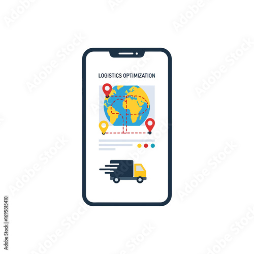 Modern smartphone displays global logistics optimization with truck and map icons for efficient delivery tracking
