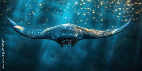 A majestic manta ray swims gracefully in the deep blue ocean, lit by sunlight.