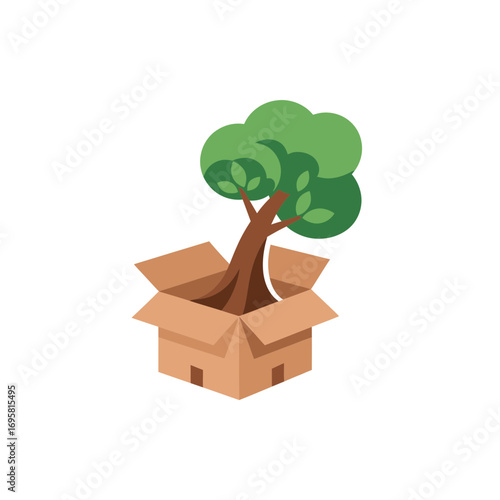Vibrant tree growing from an open cardboard box symbolizing new beginnings and growth