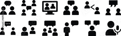Set of black communication and meeting icons, including group discussions and online collaboration, isolated on transparent background