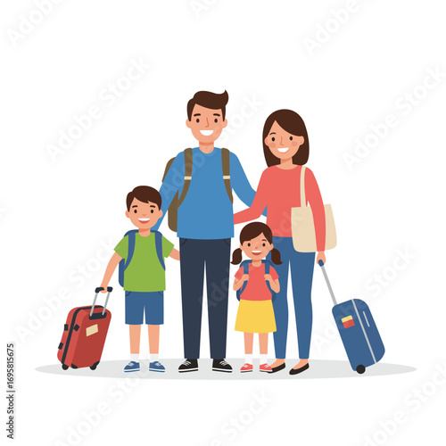 Happy Family Ready for Travel Adventure: Vector Illustration prepared standing