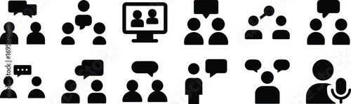 Collection of black icons representing communication, collaboration, and meetings, isolated on transparent background