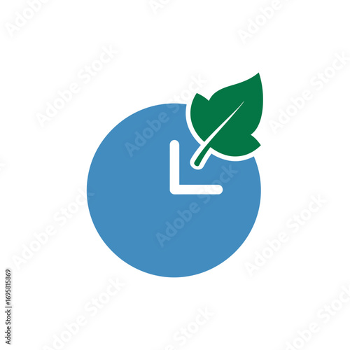Sustainable timekeeping concept with blue clock and green leaf icon