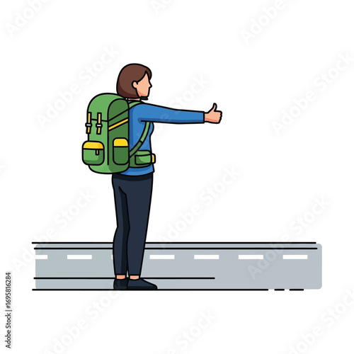 Hitchhiking Backpacker Woman, Thumbs Up, Travel Vector young giving indicating