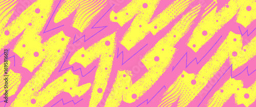Pop Art Grunge Pattern with Yellow Brush Strokes on Pink Background. Hand Drawn Memphis Background for Posters or Banners