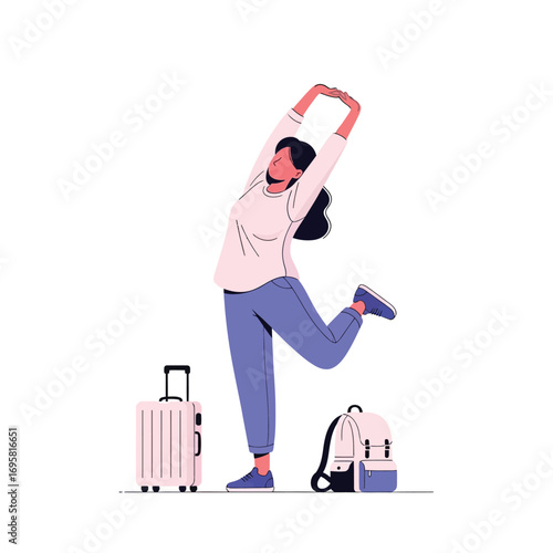 Joyful Traveler Stretching Before Trip, Vector Illustration adventure blog
