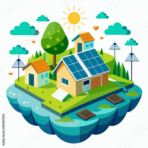 Village hut glowing with solar