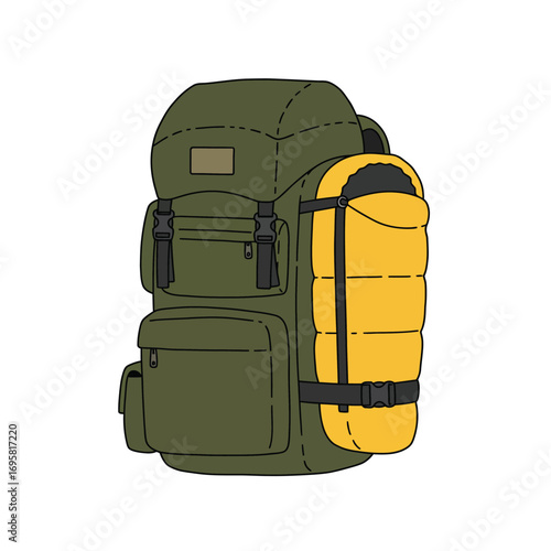 Olive Green Backpack with Yellow Sleeping Bag for Travel Adventures large
