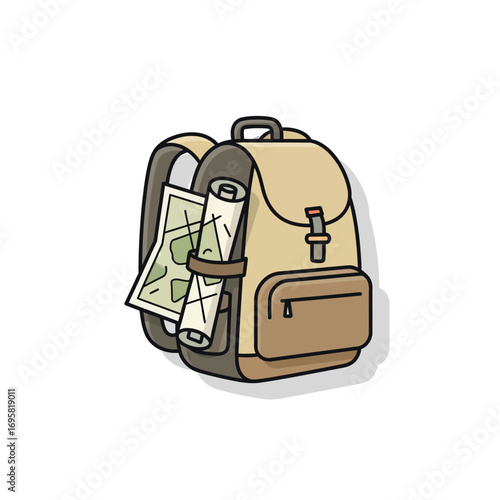 Travel Backpack with Map: Adventure Awaits Vector Graphic rolled tucked
