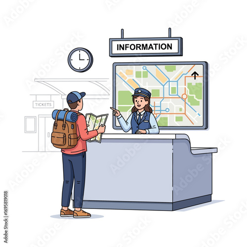 Travel Assistance: Tourist Asking for Directions at Information Desk agent