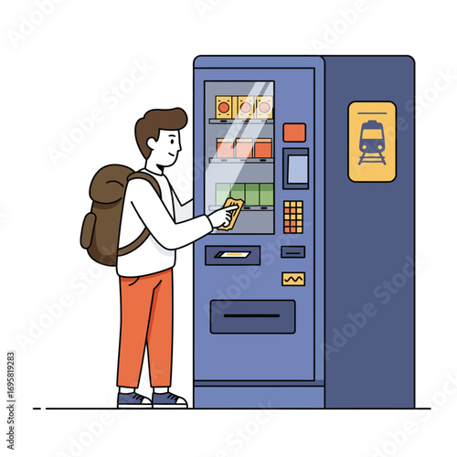 Traveler Buying Snacks from Vending Machine at Train Station using theme