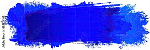 A vibrant, bold, horizontal swath of deep blue paint, applied with a brush, creating a textured, irregular, abstract shape on a white background