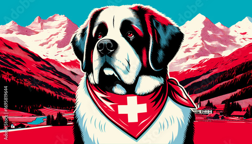 Saint Bernard dog with Swiss flag neckerchief on alpine pop art background