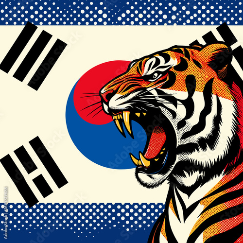 Tiger roaring on South Korean flag colors pop art background