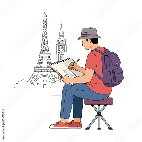 Traveler Sketching Eiffel Tower and Big Ben portable stool capturing