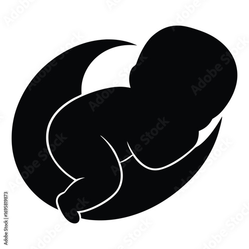Serene silhouette of newborn baby curled within crescent moon symbolizing new beginnings and life