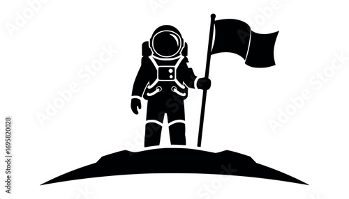 Vector art of silhouette of an astronaut standing on a lunar surface, holding a flag
