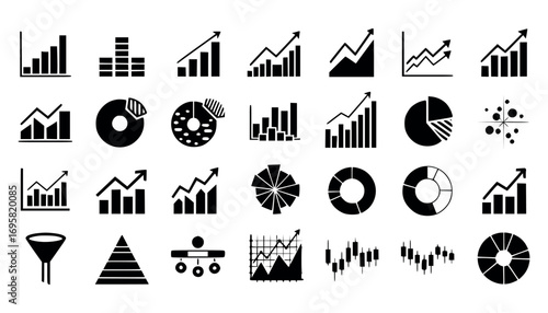 Vector art of collection of various black business and financial chart icons, including bar graphs, line charts, pie charts, and funnel diagrams