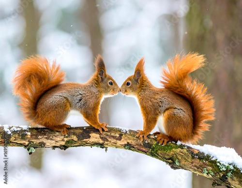 Fototapeta Naklejka Na Ścianę i Meble -  Two red squirrels face each other in winter