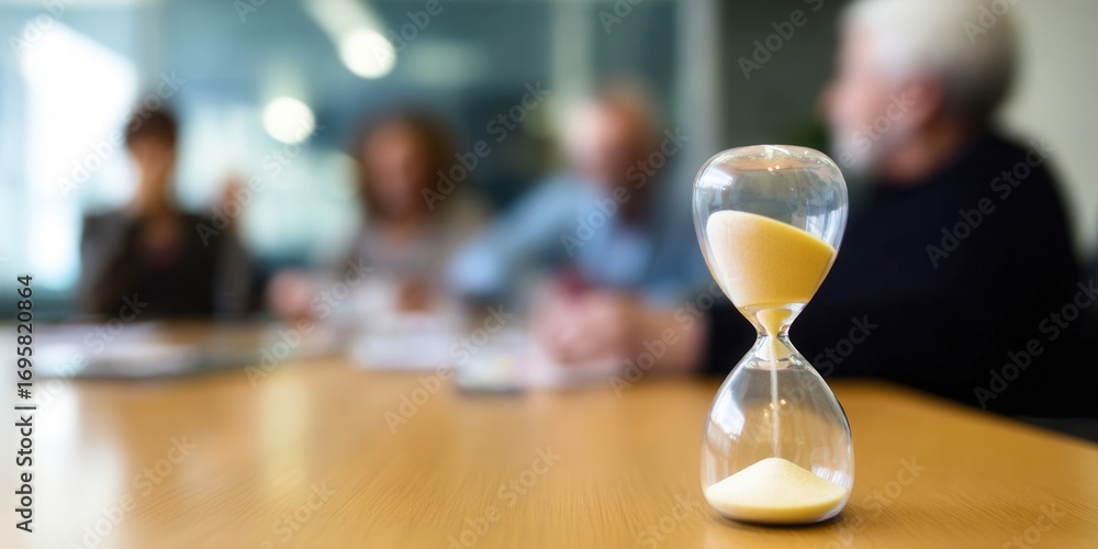 Naklejka premium Hourglass on a table during a business meeting, emphasizing time management and deadlines.
