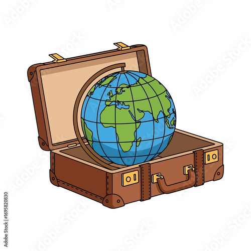 Vintage Suitcase with Globe: World Travel Adventure open reveal symbolizing